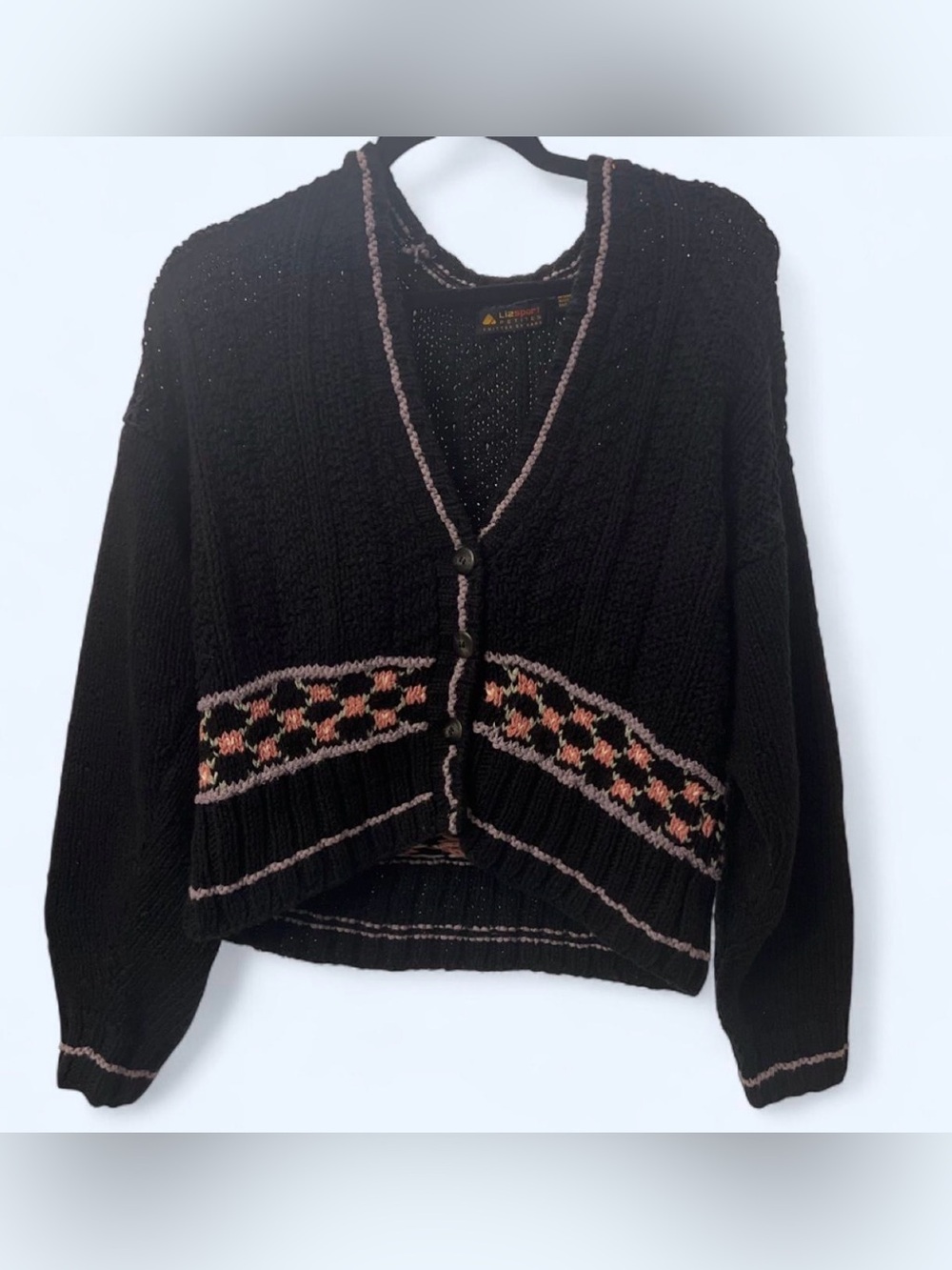 Liz Sport Vintage 80s Black Knit Cardigan Boho Grandpa Cottagecore Size MP